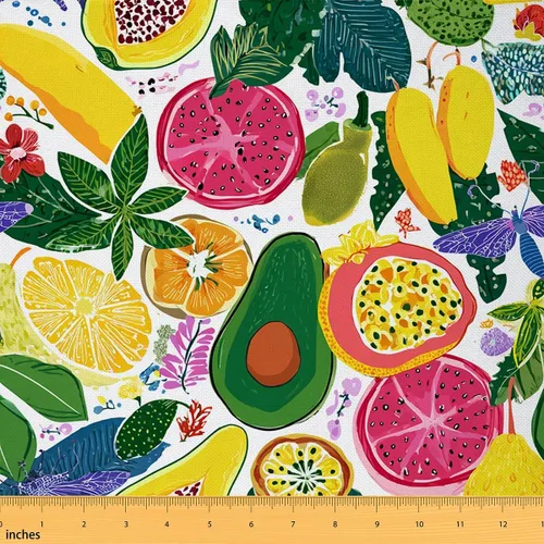 Feelyou Tela de Dibujos Animados de Frutas por el Patio, Tela con Diseño Temático de Frutas Tropicales para Sillas y Proyectos de Bricolaje en el