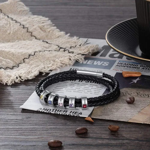 Miniatura 34 de Pulsera personalizada para el Día del Padre para hombre, pulseras personalizadas de cuero trenzado negro con cuentas grabadas de 1 a 8 nombres