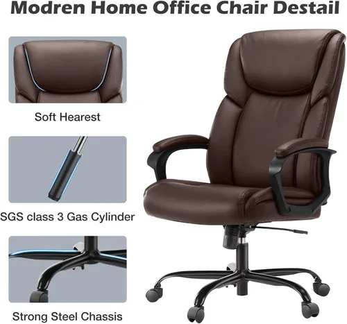 Miniatura 7 de Silla de oficina ejecutiva, silla ergonómica de escritorio para computadora para personas pesadas con ruedas, soporte lumbar, piel sintética, altura