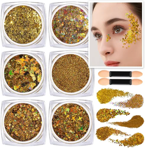 Miniatura 14 de Teenitor Purpurina para Cara y Cuerpo - Azul, Gel de Purpurina para Cabello, 6 Formas Purpurina de Maquillaje Festival para Cara, Cabello y Cuerpo