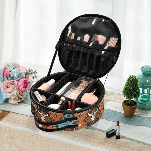 Miniatura 5 de ALAZA Bolsa de cosméticos de calaveras geométricas aztecas tribales indias, estuche organizador de maquillaje de viaje, bolsa de aseo portátil