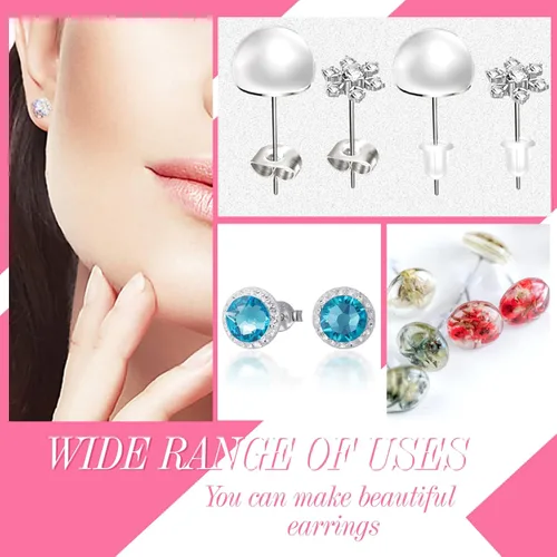 Miniatura 3 de TOAOB - 300 postes y respaldos de aretes de acero inoxidable plateado, hipoalergénicos, de 0.394 pulgadas, con goma transparente y parte trasera