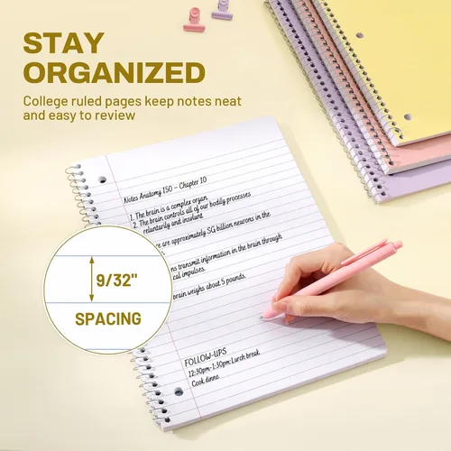 Miniatura 5 de SUNEE Cuadernos en espiral, paquete de 6, 1 materia, papel rayado universitario, 8 x 10-1/2 pulgadas, 70 hojas por cuaderno, cuadernos en espiral