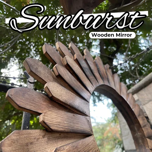 Miniatura 6 de Bedding Craft Espejo rústico redondo de madera con diseño de rayos de sol, de 18 pulgadas con acabado quemado – Accesorio bohemio para dormitorio