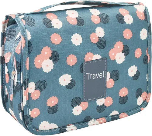 Miniatura 9 de Trawila Neceser colgante de viaje, bolsa de cosméticos, organizador de maquillaje para hombres y mujeres con gancho resistente, Gris (Grey Flower)