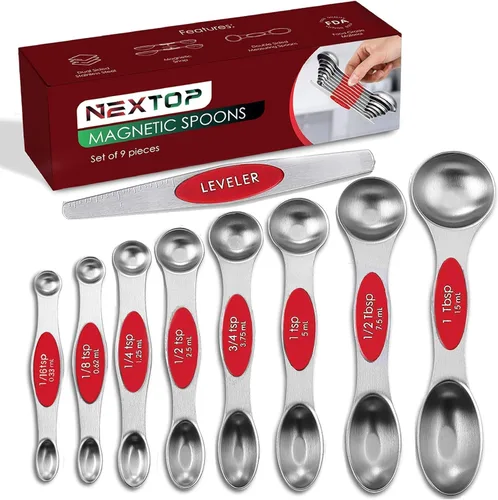 Miniatura 12 de Juego de 9 cucharas medidoras magnéticas de acero inoxidable, apilables, de doble cara, cucharas medidoras para medir ingredientes secos y líquidos