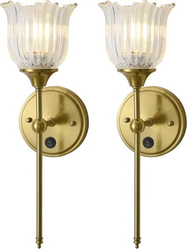 Miniatura 10 de Juego de 2 apliques de pared modernos con pantalla de cristal de flor ámbar, accesorios de luz de pared de tocador de baño de mediados de siglo