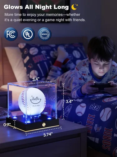 Miniatura 5 de Estuche de exhibición de béisbol JupDec sin cables con LED, caja transparente de acrílico con forma de cubo para béisbol con 10 colores de luz, caja