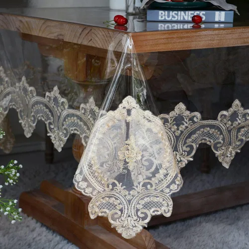 Miniatura 8 de SUTAVIA Mantel redondo de encaje de vinilo transparente, 100% a prueba de aceite, impermeable, a prueba de derrames, protector de mesa de PVC Champán