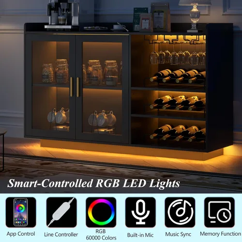 Miniatura 5 de Gabinete de barra de vino Loomie con luces LED, barra de café flotante con estante de vidrio y estantes de vino removibles, aparador buffet moderno