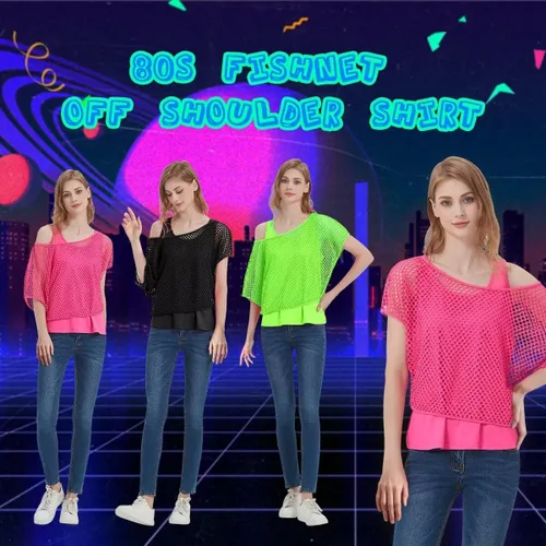 Miniatura 5 de WILDPARTY Camiseta casual sexy de los años 80 para mujer, diseño de red de neón con hombros descubiertos, dos piezas
