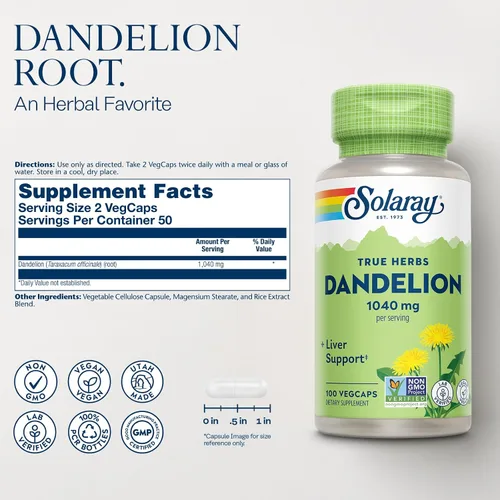 Miniatura 2 de SOLARAY Suplemento de raíz de diente de león, soporte saludable para los riñones y el hígado, 1,040 mg por porción, vegano, verificado por