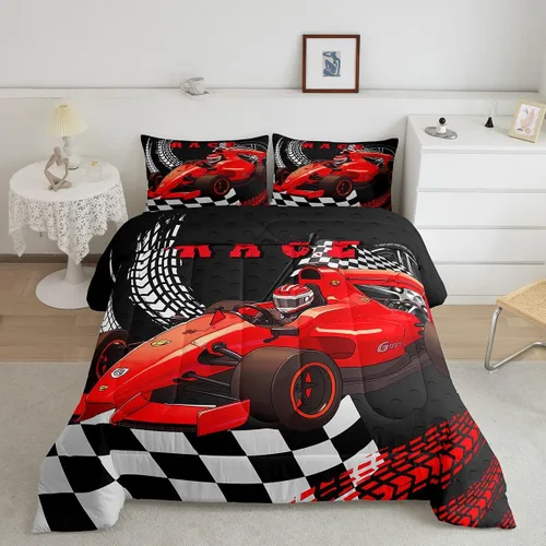 Miniatura 17 de Erosebridal Juego de edredón individual de motocicleta de carreras para niños, juego de ropa de cama de panal con luces de neón azules, motocross