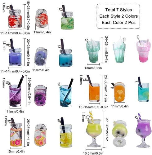 Miniatura 2 de SUNNYCLUE 1 caja de 7 estilos de té con leche y frutas, mini botella, colgantes de helado de Boba para bebidas de imitación, joyería de vidrio, 28