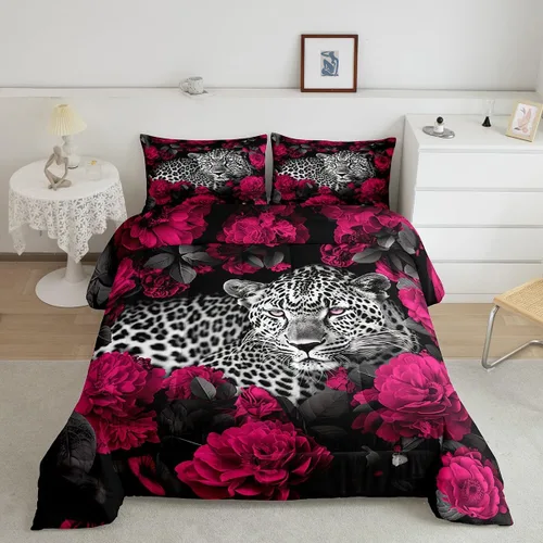 Miniatura 38 de Erosebridal Juego de ropa de cama de guepardo con rosa azul, juego de edredón con estampado de leopardo y gato, edredón romántico de plumón