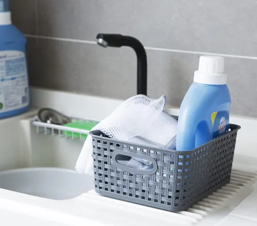 Miniatura 4 de Cesta de almacenamiento tejida de plástico gris, paquete de 6 unidades, organizador gris para cocina, oficina, baño