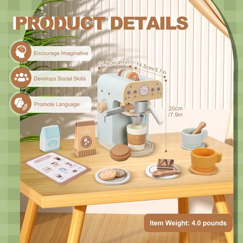 Miniatura 3 de Pithfor Juguete para cafeteras de madera para niños, electrodomésticos de cocina y accesorios de juguete para niños pequeños, regalo para niñas