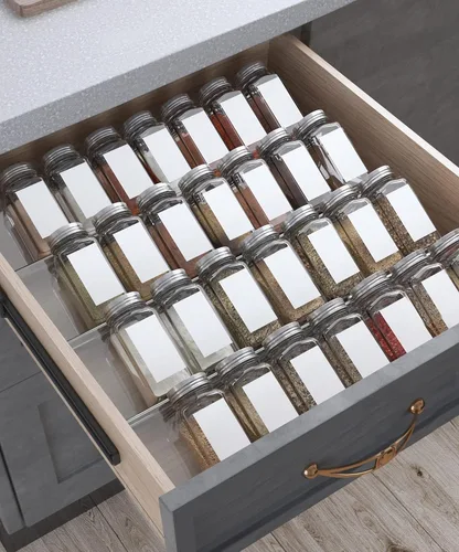 Antimbee Organizador de cajones de especias, 4 niveles, paquete de 4 bandejas acrílicas para especias para cajón, expandible de 13 a 26 pulgadas,