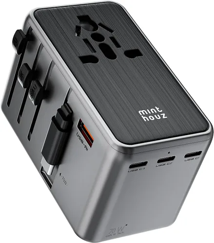 Miniatura 10 de Minthouz Adaptador de viaje universal, adaptador de corriente internacional de 100 W, cargador rápido GaN con 2 USB-C PD, 1 cable USB-C y puertos A