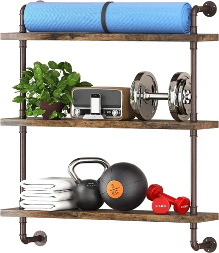 Miniatura 8 de Helsin - Estantes flotantes de tubería industrial de 2 niveles para baño, estante de madera rústica de 16 pulgadas montado en la pared, estante