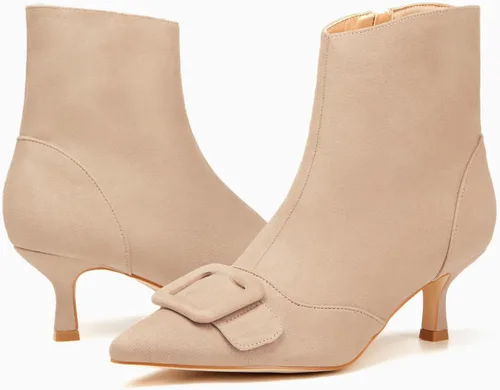 Miniatura 6 de Coutgo Botines de tacón de gatito para mujer, puntera puntiaguda, cremallera lateral, hebilla cuadrada, botines de invierno