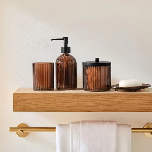 Miniatura 3 de Juego de 4 accesorios de baño de vidrio pesado con patrón decorativo prensado, incluye dispensador de jabón de mano, vaso, jabonera y soporte