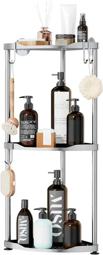 Miniatura 8 de SWTYMIKI Organizador de ducha esquinero de acero inoxidable de 3 niveles, estante de piso de gran capacidad con 4 ganchos, estante de almacenamiento