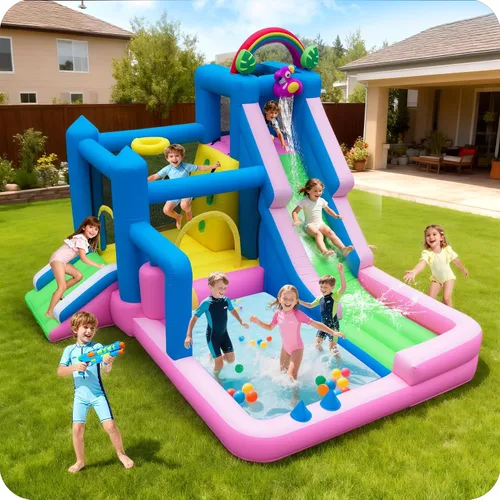 Miniatura 2 de Casa de rebote inflable Flamingo para niños – Castillo inflable 10 en 1 con doble tobogán, piscina de bolas, aro de baloncesto, pared de escalada