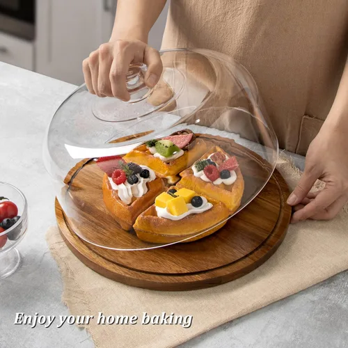 Miniatura 3 de ANBOXIT Soporte para pasteles con tapa de cúpula, plato de madera de acacia con tapa, soporte de exhibición de pastel de madera con cúpula acrílica