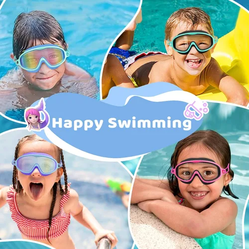 Miniatura 6 de Vvinca Gafas de natación para niños con correa elástica amplia visión anti niebla UV máscara de piscina gafas para 3-10 niños pequeños niñas niños