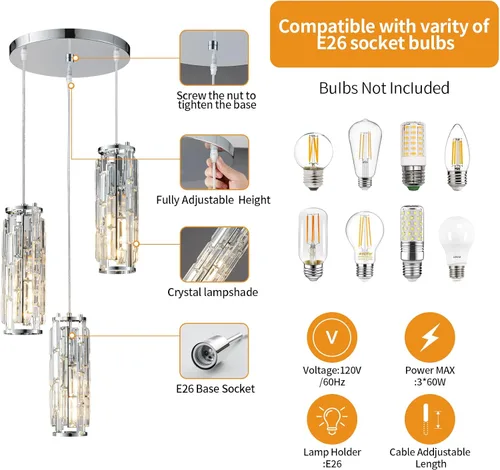Miniatura 2 de LMQNINE - 3 luces para iluminación colgante de cromo, lámpara colgante moderna, mini candelabros de cristal, lámpara colgante ajustable para cocina