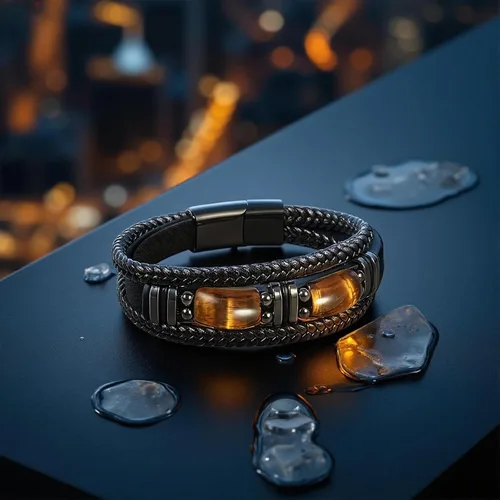 Miniatura 5 de Pulsera de cuero negro de ojo de tigre para hombre, piedra preciosa de ojo de tigre natural, joyería hecha a mano, pulsera de protección