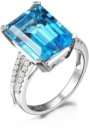 Moda 925 plata brillante medio diamante princesa corte cuadrado grande quilate azul aguamarina piedra natal topacio anillo de compromiso eternidad