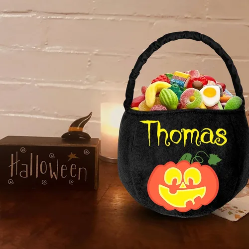 Miniatura 7 de Cubo de Halloween personalizado con nombre personalizado para trucos o tratos, bolsa de dulces personalizada para niños, bolsas de mano grandes