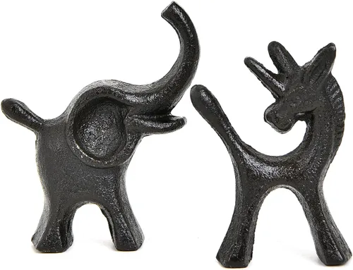 Sungmor Juego de 2 figuras de hierro fundido de elefante y unicornio - Esculturas rústicas en negro para estante, escritorio o entrada - Estatuas