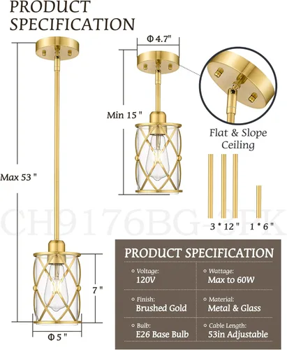 Miniatura 3 de Luces Colgantes de Oro Cepillado para Isla de Cocina Paquete de 3, Iluminación Colgante de Cristal para Cocina sobre Isla con Varilla, Moderna Mini