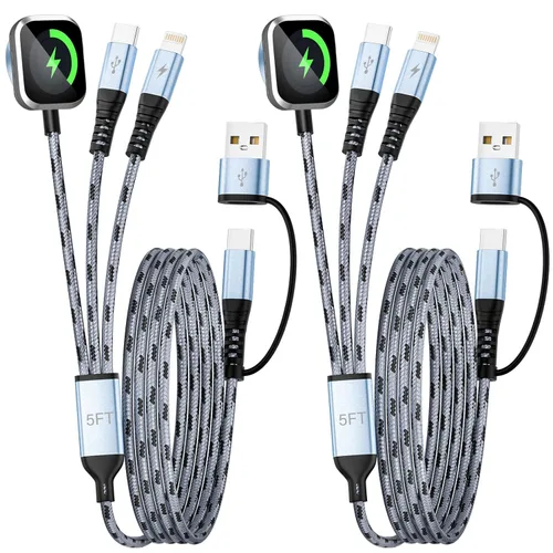 Miniatura 11 de Cable de Carga Múltiple para Cargador de Apple Watch, 4 en 1 Cable Cargador de Teléfono USB A/C con Doble Tipo-C/IP, Cable Magnético iWatch de Nylon