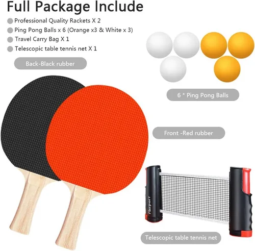 Miniatura 6 de FBSPORT Juego de paletas de ping-pong, juego de tenis de mesa portátil con red retráctil, raquetas, pelotas y bolsa de transporte