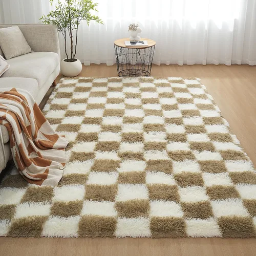 Miniatura 61 de Alfombra peluda para dormitorio, sala de estar, 2 x 6 pies, antideslizante, esponjosa, suave, alfombra lanuda beige y blanca para sala de estar