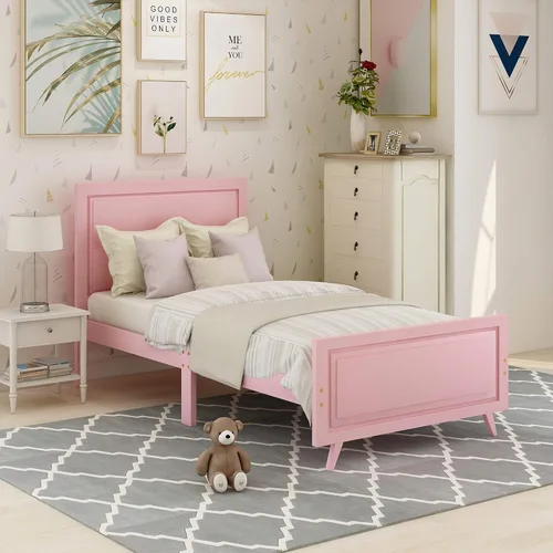 Miniatura 3 de SOFTSEA Base de cama de madera de plataforma individual con cabecero y estribo, base de colchón con soporte de listones de madera (individual, rosa)