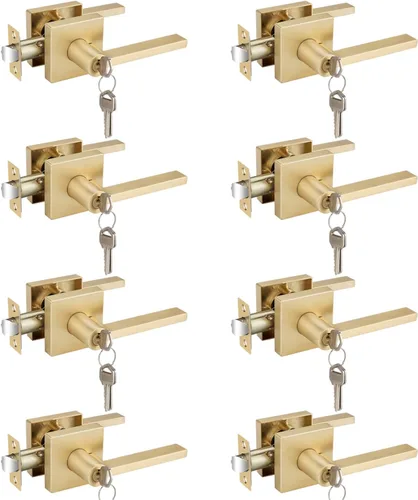 Miniatura 32 de EHOMEWARE Juego de manijas de puerta delantera doradas, palanca de puerta cuadrada resistente de latón y cerrojo de un solo cilindro reversible
