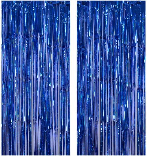 DUOBAO Cortinas de flecos de papel de aluminio de oropel azul real, 2 paquetes, 3 pies x 8 pies, telón de fondo para decoración de fiestas