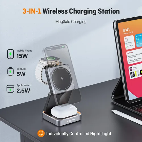 Miniatura 5 de Cargador inalámbrico 3 en 1, estación de carga inalámbrica plegable con luz para cargador magnético Apple, soporte de cargador magnético de viaje