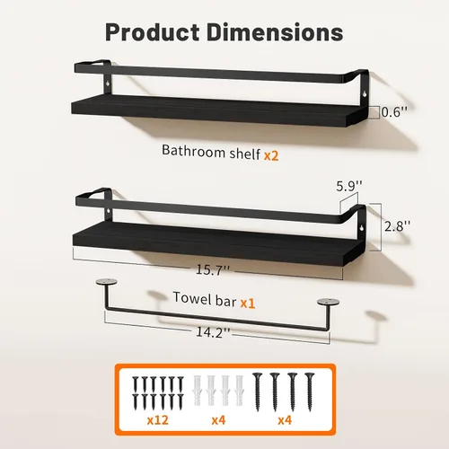 Miniatura 3 de Estantes de baño con toallero, estantes flotantes para baño, cocina, dormitorio, madera de paulownia, marco de metal negro mate, juego de 2