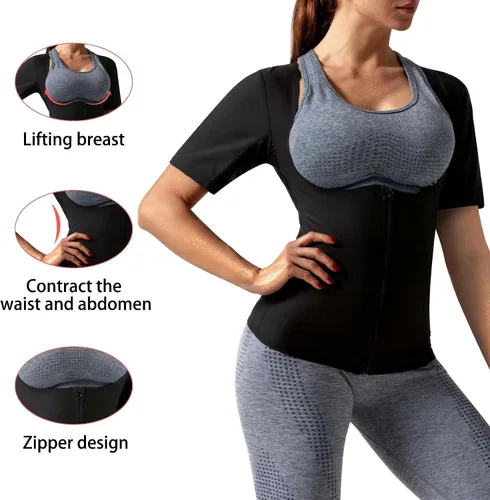 Miniatura 4 de Camiseta sauna para mujer, camiseta reductora y moldeadora de manga corta para entrenamiento y ejercicio Forro azul-02