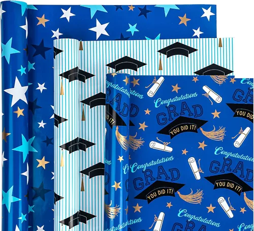 Miniatura 9 de WRAPAHOLIC Papel de regalo reversible de graduación, mini rollo, 17 pulgadas x 33 pies, tapa de zanjadora dorada negra y estrellas para fiestas