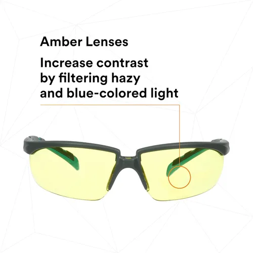 Miniatura 5 de 3M Gafas de seguridad, serie Solus 2000, revestimiento antivaho Scotchgard, antiarañazos, lente ámbar, patillas gris/azul-verde