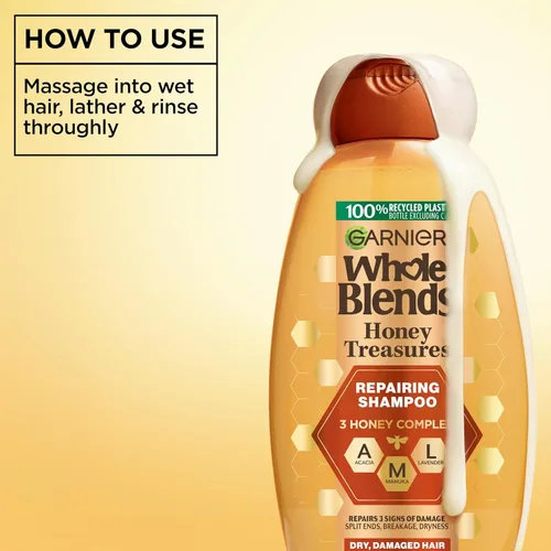 Miniatura 6 de Garnier Whole Blends Honey Treasures - Champú reparador, acondicionador + Miracle Nectar Leave-In Set para cabello seco y dañado (3 artículos), 1