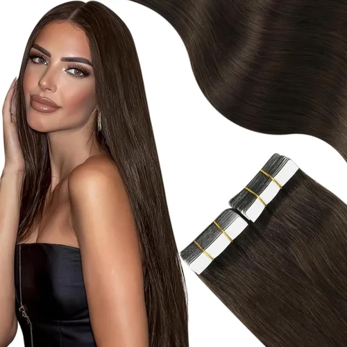 Miniatura 25 de Moresoo Extensiones adhesivas de cabello humano degradado, balayage, mezcla de marrón oscuro con extensiones de color marrón medio, extensiones