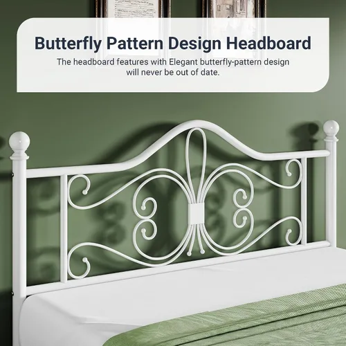 Miniatura 4 de Allewie - Marco de cama tamaño Queen con cabecera, base de cama de metal con cabecera y piecera con diseño de patrón de mariposa, no necesita Blanco